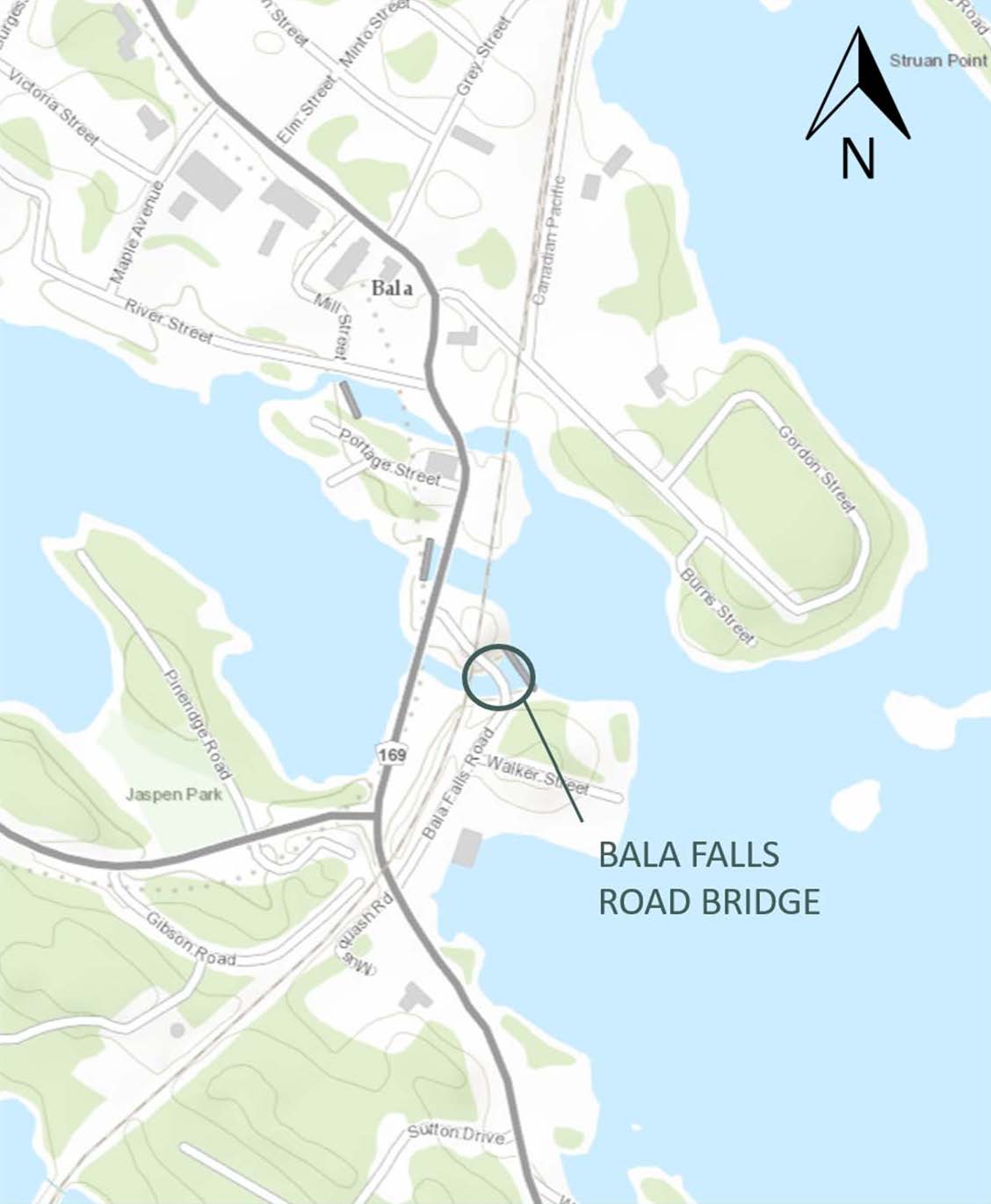 map locating the bala falls road bridge