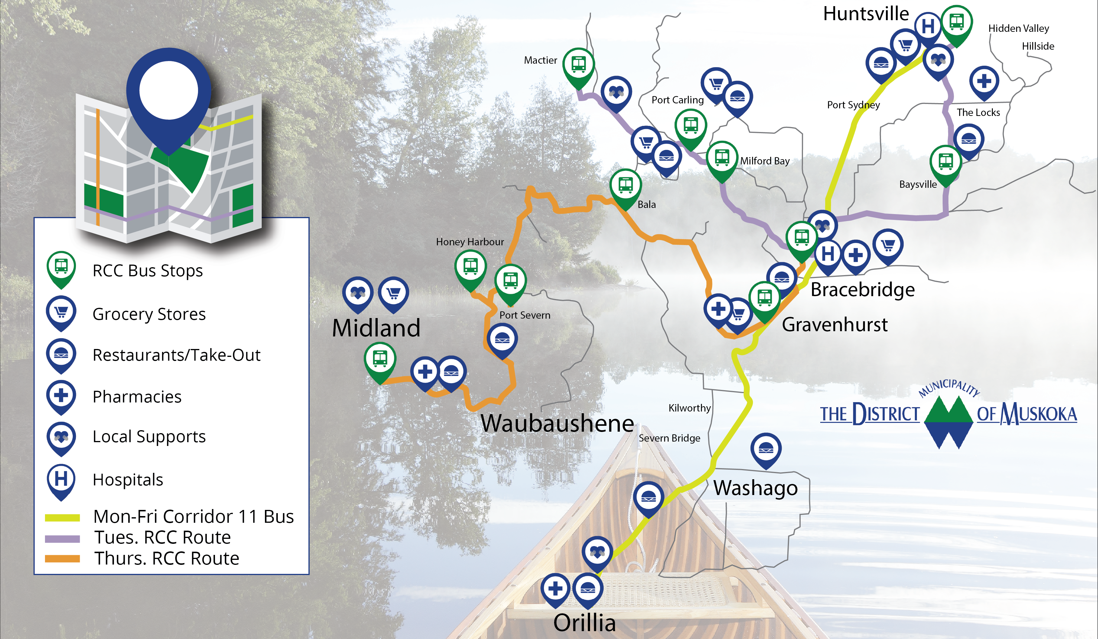 map showing bus route in Muskoka