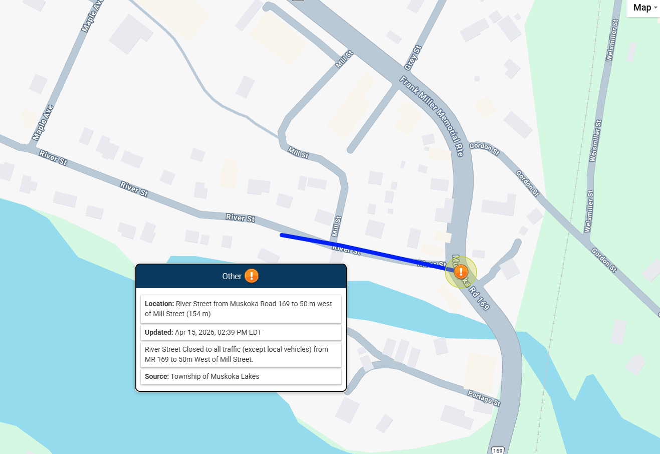Map of river street closure due to flooding