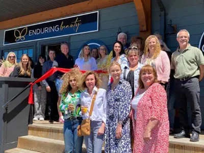 Grand opening ribbon cutting ceremony at a local business