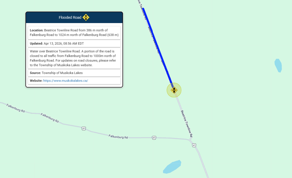 map of closed road on beatrice townline
