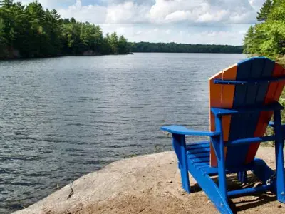 Hardy Lake view from the shore with a Muskoka Chair