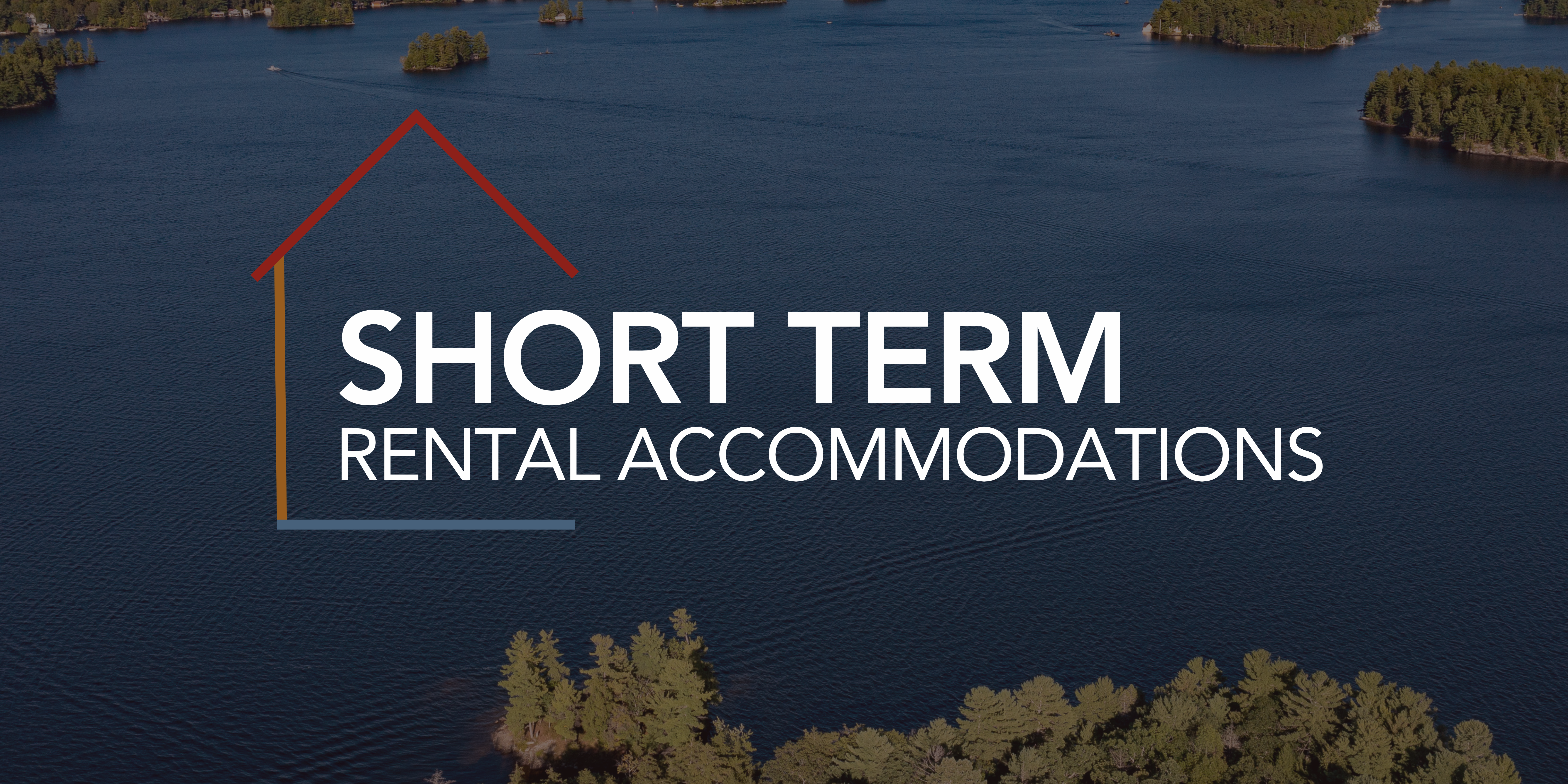 Aerial view of lake and islands, with the logo Short Term Rental Accommodations