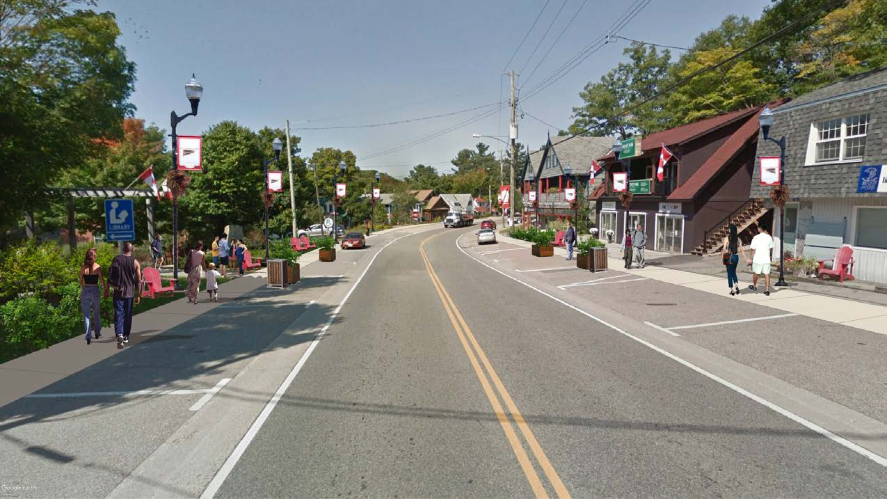 Streetscape with people walking down the sidewalk in Port Carling