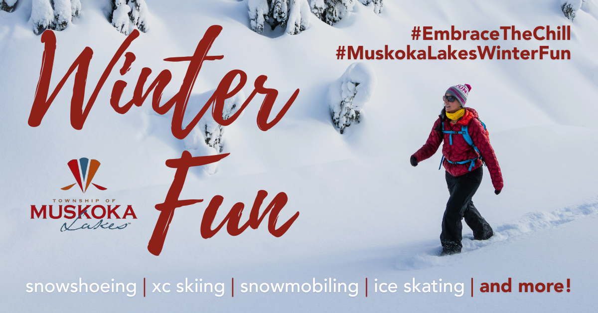 Winter Fun ad with person walking through snow