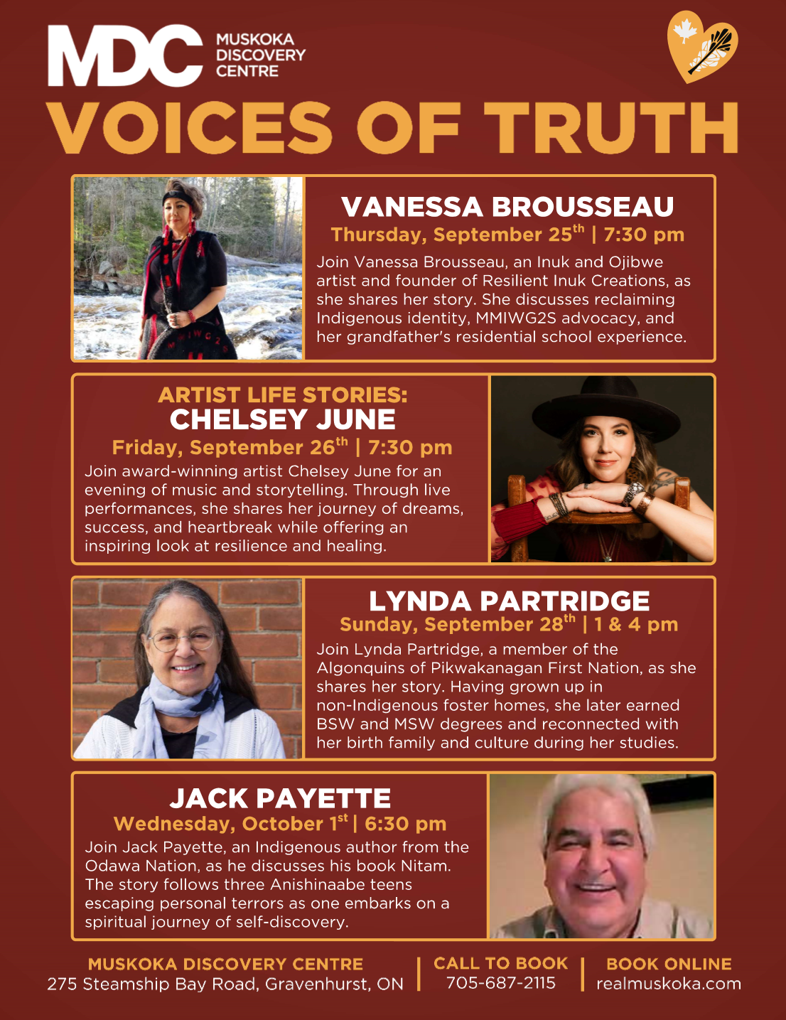 Muskoka Discovery Centre program schedule for Voices of Truth