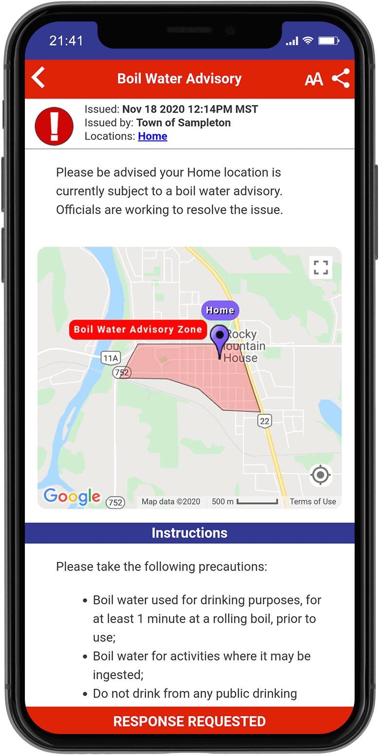 Voyent Alert App picture of iphone displaying alert notification