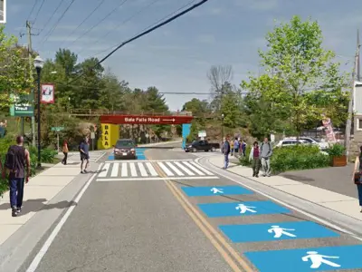 Streetscape with traffic calming measures on the road