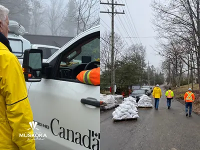 People walking by sandbags