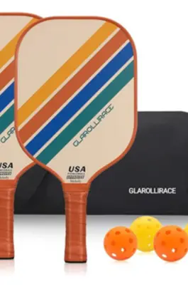 Two pickleball rackets, two orange balls, two yellow balls, and a black case for everything.