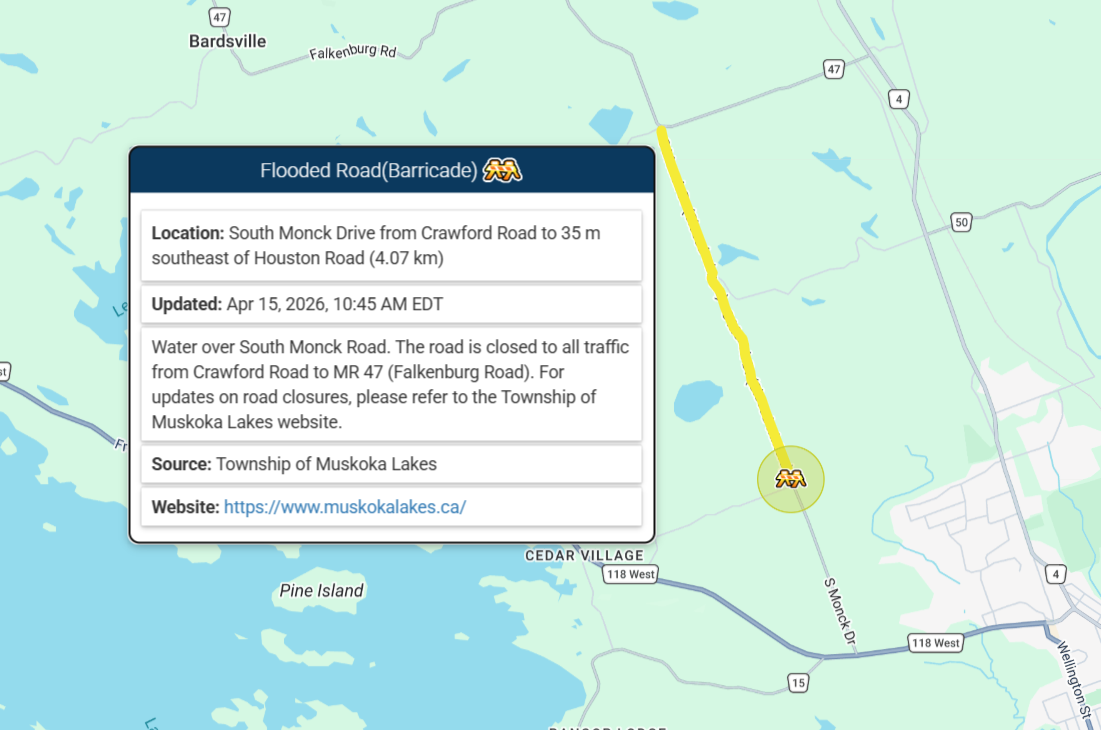 Map of Municipal511 showing closed road