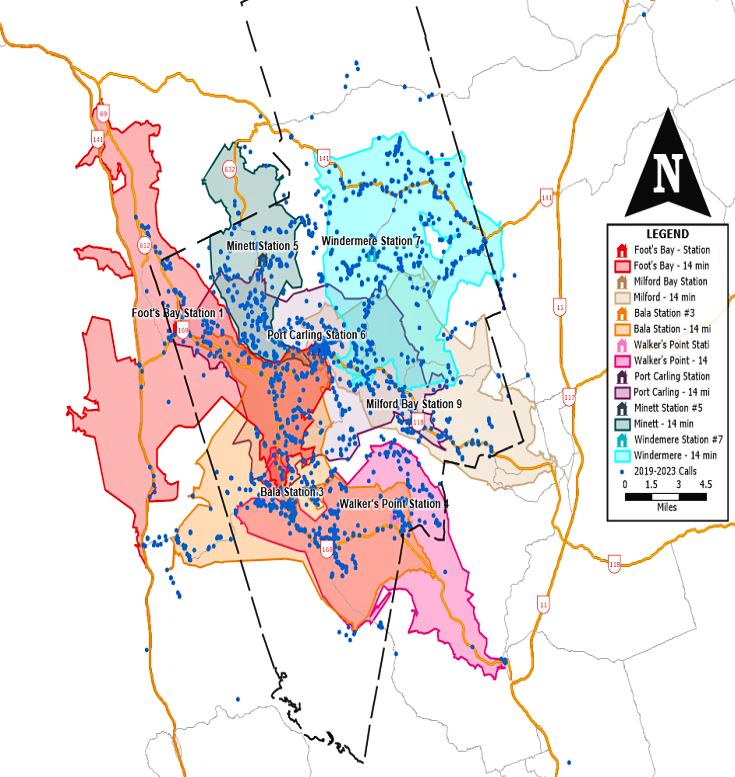 Response time map for the 7 station model network based on 2019-2023 calls