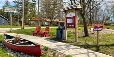 park in bala, with canoe and info stand