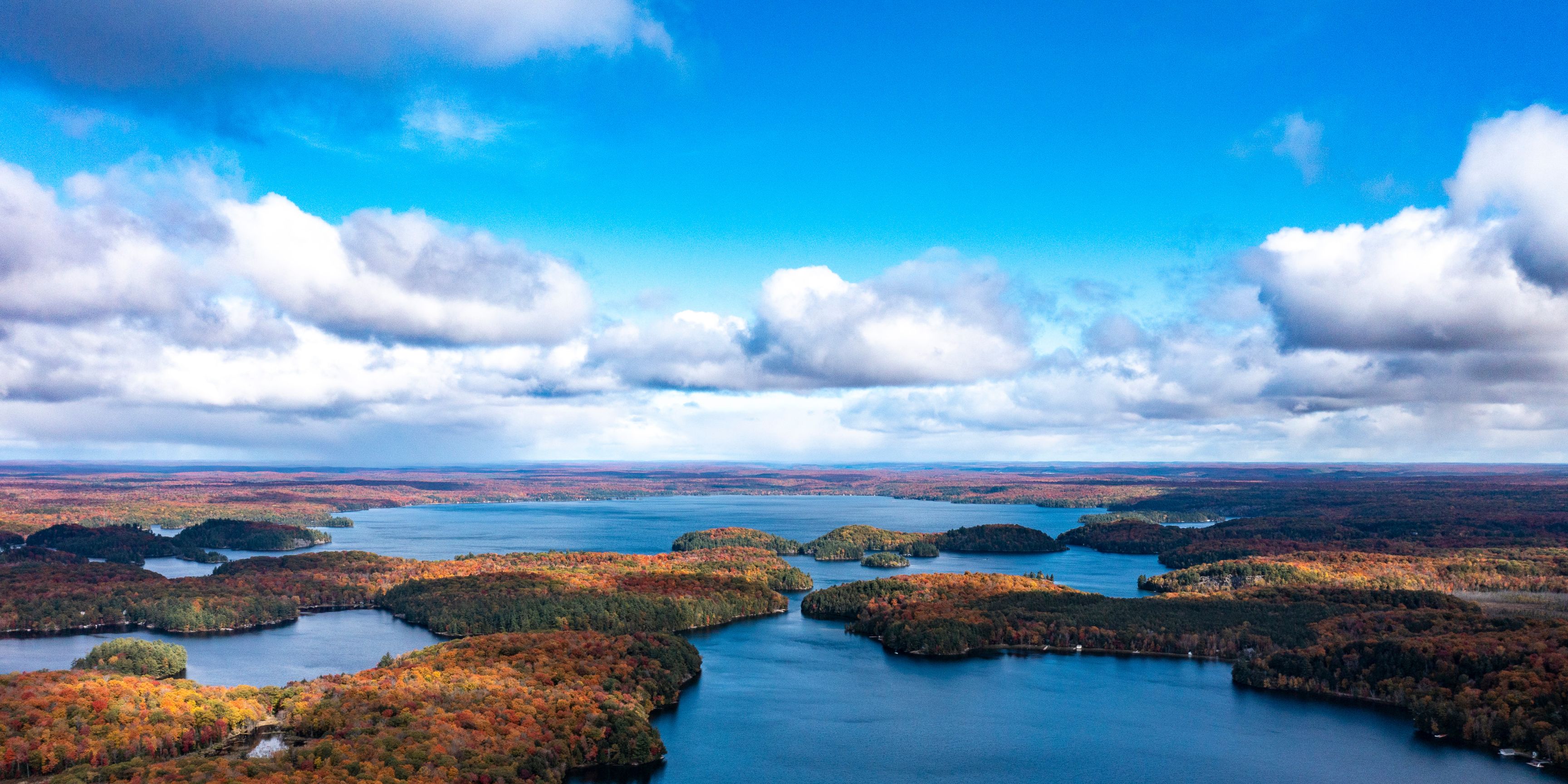 Aerial view of lakes and islands in Muskoka Lakes