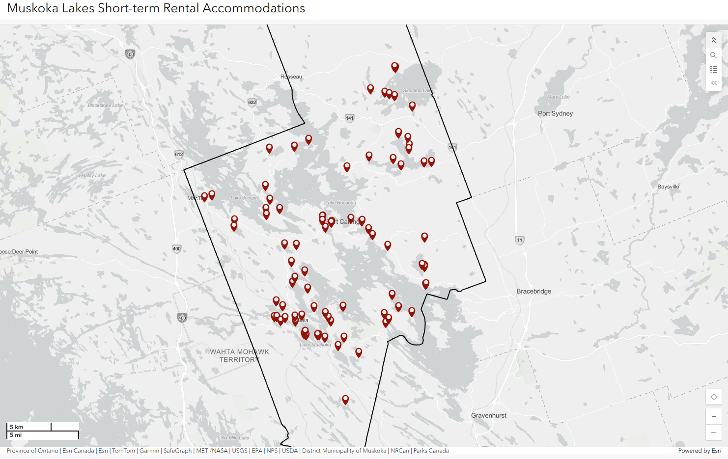 map of short term rental accommodations in muskoka lakes