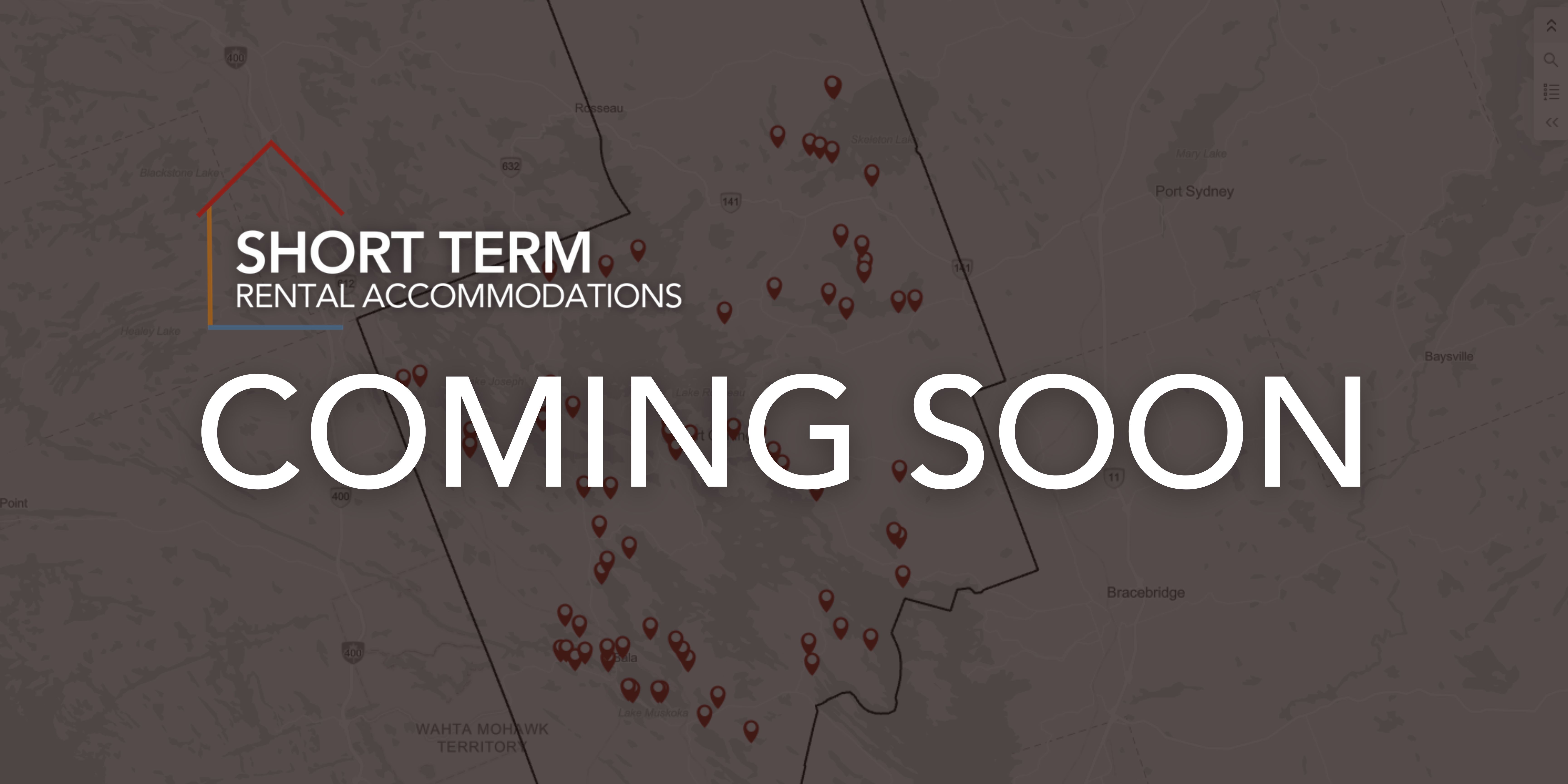 Map of Muskoka Lakes with an overlay saying coming soon and stra logo