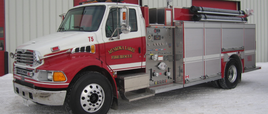 Muskoka Lakes fire truck in front of a fire station