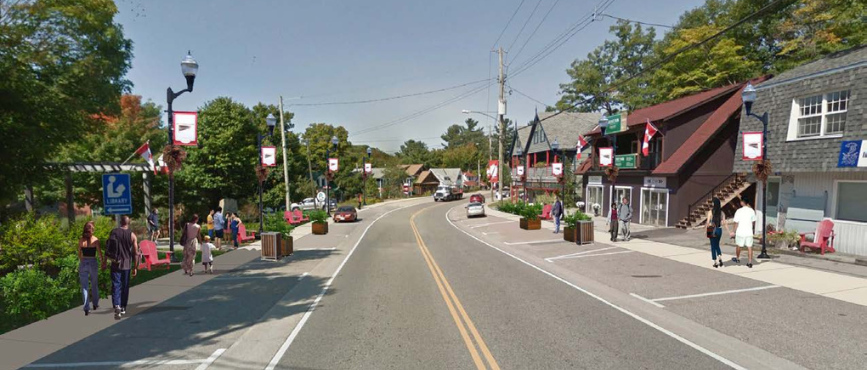 Streetscape in Port Carling with people walking on the sidewalk and cars on the road